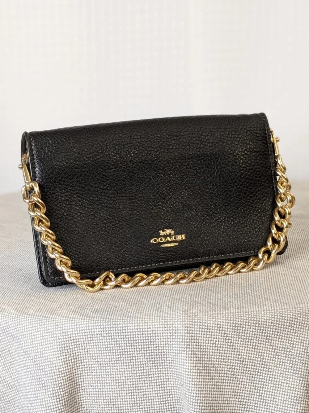 Coach Black Leather Crossbody Bag with Gold Chain
